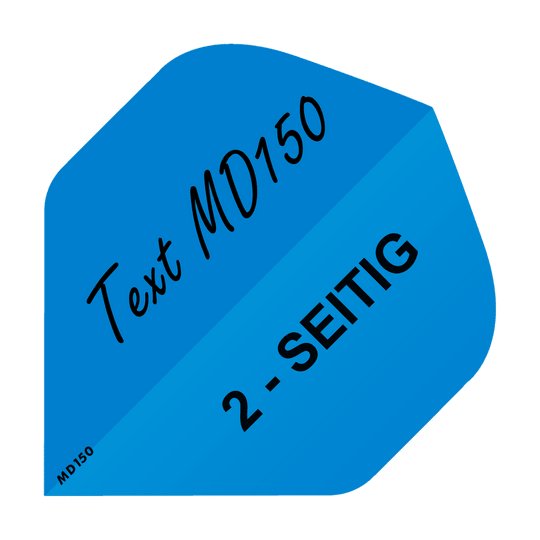 MD-206_2-Seitig_Bedruckte_Flights_Wunschtext_MD150_Blau_Standard_1 Das Bild zeigt ein blaues Quadrat mit dem Text „Text MD150“ und „2-SEITIG“ darauf. In der unteren linken Ecke steht klein „MD150“.