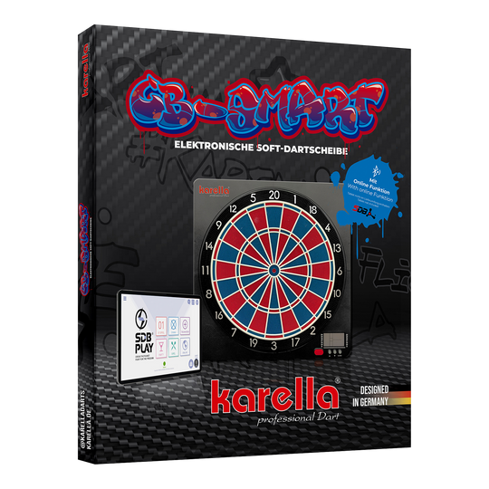 Bersaglio elettronico morbido Karella CB-Smart Die Verpackung zeigt die "Karella CB-Smart Elektronische Soft-Dartscheibe". Auf der Vorderseite sind die Dartscheibe und ein Bedienfeld abgebildet, sowie Hinweise auf die Online-Funktion.