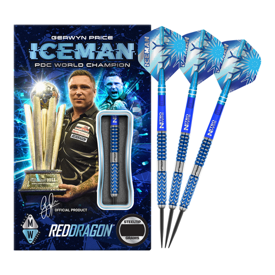 Freccette in acciaio Red Dragon Gerwyn Price Glacier Das Bild zeigt das Produkt "Red Dragon Gerwyn Price Glacier Steeldarts" in einer auffälligen blauen Verpackung mit einem Bild von Gerwyn Price und einer Trophäe. Rechts daneben sind drei blaue Steeldarts mit dem Namen "ICEMAN" auf den Flights zu sehen.