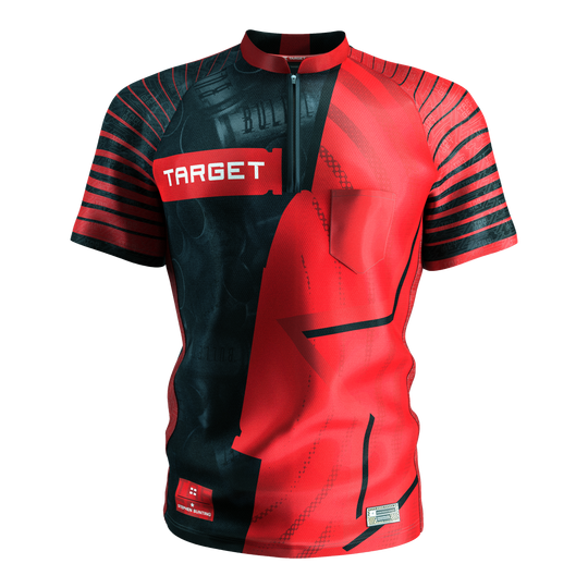 Maglietta da freccette Target Coolplay Stephen Bunting 2025 Das Bild zeigt das Target Coolplay Stephen Bunting 2025 Dartshirt. Das Shirt ist rot-schwarz gestaltet mit auffälligen Streifen und dem weißen "TARGET" Logo auf der Brust.