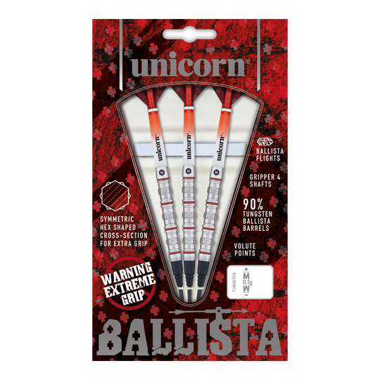 Unicorn Ballista Style 4 freccette morbide Das Bild zeigt die „Unicorn Ballista Style 4 Softdarts“ in einer rot-schwarzen Verpackung. Drei Softdarts mit auffälliger Griffstruktur und Zubehör sind sichtbar angeordnet.