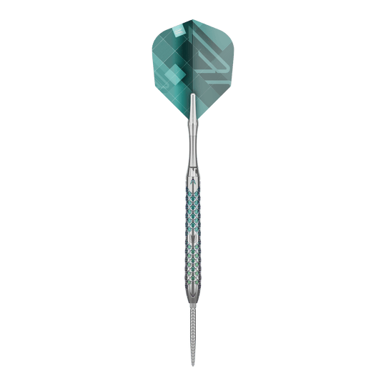 Freccette in acciaio Target Rove 03 Swiss Point Das Bild zeigt einen Target Rove 03 Swiss Point Steeldart. Der Dart hat ein silbernes Metallgehäuse mit blauen Akzenten und eine grüne Flight.