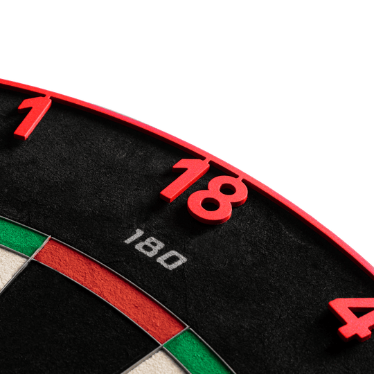Bersaglio per freccette in acciaio Precise 180 Endorphine con anello numerico - Inferno Red Dieses Bild zeigt das Precise 180 Endorphine Steeldartboard mit Nummernring in Inferno Red. Das Dartboard eignet sich ideal für anspruchsvolle Dartspieler.