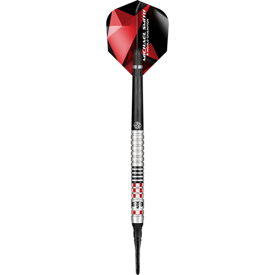 Shoto di Michael Smith Achieve Soft Darts Auf dem Bild ist ein Softdartpfeil mit silbernen und schwarzen Elementen zu sehen. Das Flights ist rot-schwarz und trägt die Aufschrift "Michael Smith World Champion".