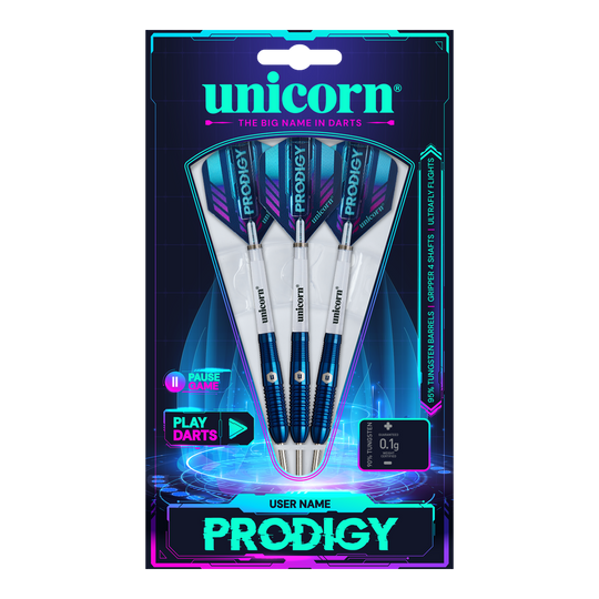 Unicorn Prodigy 02 Torpedo freccette in acciaio Das Bild zeigt eine Packung mit drei Unicorn Prodigy 02 Torpedo Steeldarts. Die Verpackung ist farbenfroh gestaltet und hebt das Produkt und den Markennamen hervor.
