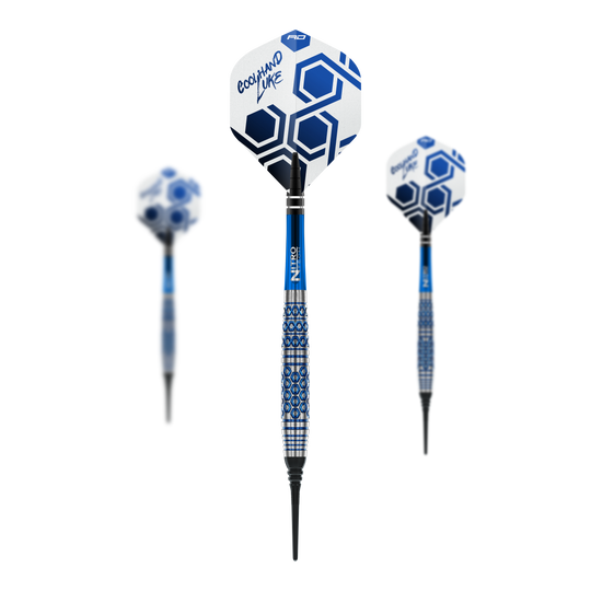 Red Dragon Luke Humphries TX5 Softdarts - 20g, abgebildet als Set. Die Darts sind ideal für Softdart-Spieler.
