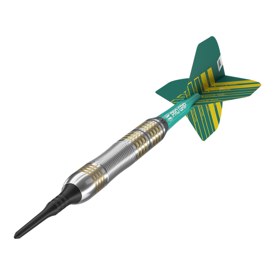 Freccette morbide Target Rob Cross in ottone - 18 g Das Bild zeigt einen Target Rob Cross Brass Softdart mit einem Gewicht von 18 Gramm. Der Dart hat einen silbernen und goldenen Ringgriff sowie grüne Flights mit gelben Streifen.