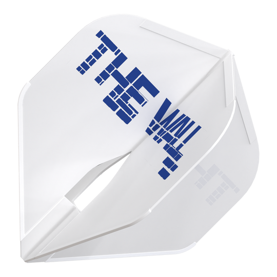 Voli L-Style Martin Schindler White L1PRO Das Bild zeigt einen weißen Dartflight mit der Aufschrift "THE WALL" in blauer Farbe. Es handelt sich um das Produkt "L-Style Martin Schindler Weiß L1PRO Flights".