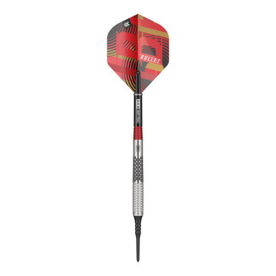 Freccette morbide Target Stephen Bunting GEN5 - 18 g Auf dem Bild ist ein Softdart der Marke Target Stephen Bunting GEN5 mit einem Gewicht von 18 Gramm zu sehen. Der Dart hat ein auffälliges, rot-schwarzes Design mit der Aufschrift "BULLET" auf dem Flight.