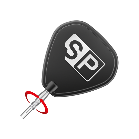 Punte per freccette Target Swiss Storm Diamond Point - Argento Das Bild zeigt eine Dartspitze mit schwarzem SP-Werkzeug zum Einschrauben. Um die Spitze ist ein roter Pfeil zu sehen, der die Drehbewegung anzeigt.