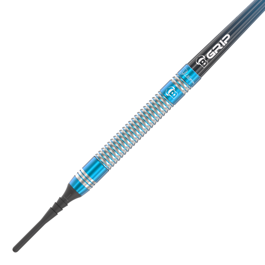 Bulls Jermaine Wattimena Generation 3 Soft Darts - 20 g Das Bild zeigt einen Softdart mit silbernen und blauen Rillen. Auf dem Schaft steht „B GRIP“ und der Dart wirkt hochwertig verarbeitet.