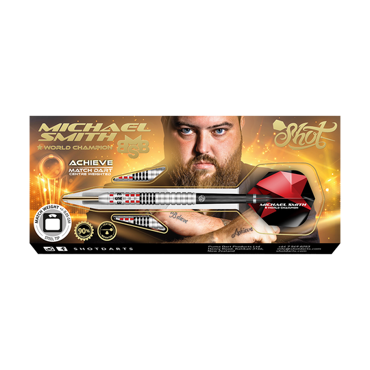 Shot Michael Smith Ottieni freccette d'acciaio Auf dem Bild ist eine Verpackung für Steeldarts mit dem Namen „Michael Smith - World Champion“ zu sehen. In der Mitte ist ein Mann mit Bart abgebildet, und ein großer silberner Dartpfeil ist prominent dargestellt.