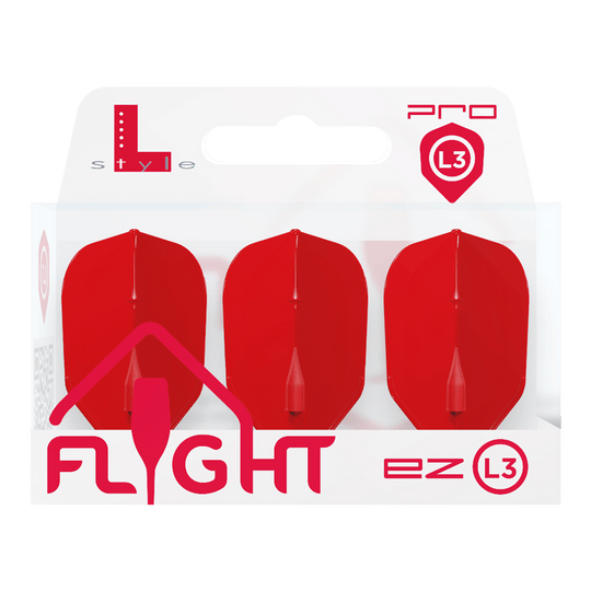 Voli L-L-Style3EZ Die Abbildung zeigt eine Packung mit drei roten Dart-Flights der Marke L-Style. Auf der Verpackung steht „FLIGHT ez L3“ und das Produkt ist für den Profibereich gekennzeichnet.