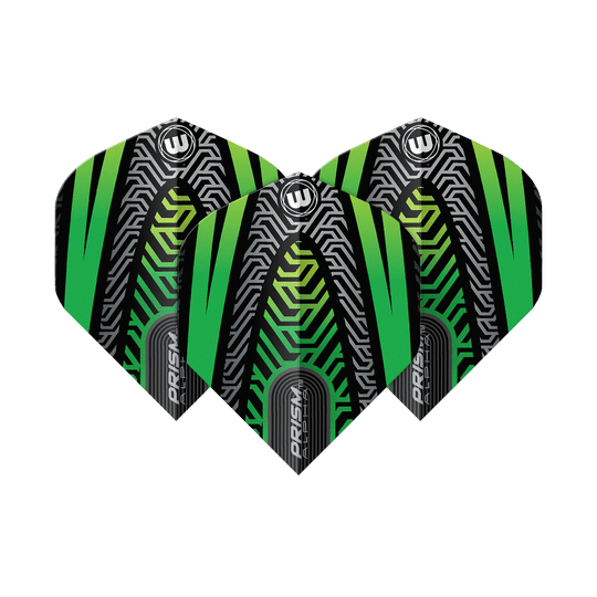 Voli standard Winmau Prism Alpha Black Green No. 2 Das Bild zeigt drei Dartflights des Modells "Winmau Prism Alpha Schwarz Grün No2 Standard". Die Flights haben ein auffälliges, modernes Design in Schwarz, Grün und silbernen Linienmustern.