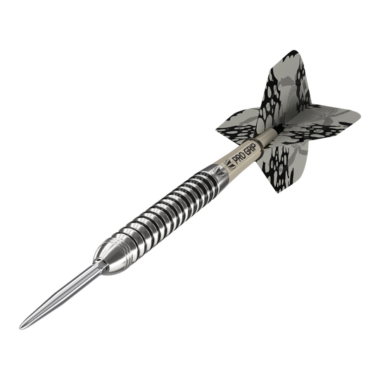 Freccette in acciaio Target EXO SP01 Swiss Point Dies ist ein Target EXO SP01 Swiss Point Steeldart. Der Dartpfeil hat ein silbernes, gerilltes Barrel und schwarze Flights mit Muster.