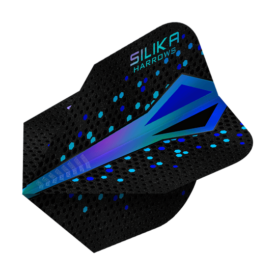 Rivestimento cristallino resistente Harrows Silika Colourshift Blue No6 Flights Das Bild zeigt ein Dartflight mit dem Namen "Harrows Silika Colourshift Tough Crystalline Coating Blue No6". Das Flight ist überwiegend schwarz mit einem blauen, schimmernden Muster und sechseckigen Akzenten.