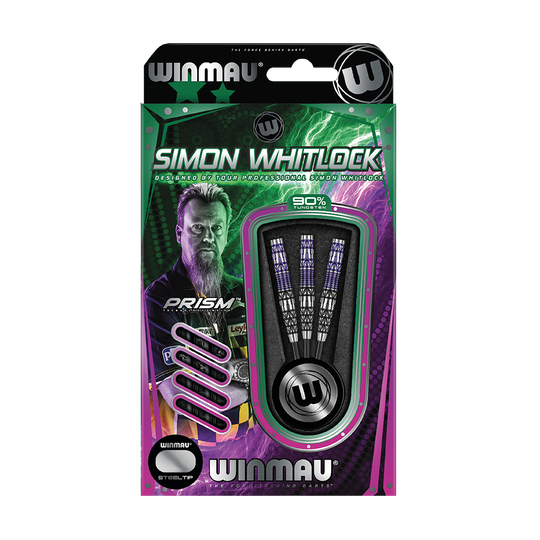 Freccette in acciaio Winmau Simon Whitlock Special Edition 2020 Die Abbildung zeigt das Produkt „Winmau Simon Whitlock Special Edition 2020 Steeldarts“ in der Originalverpackung. Auf der Verpackung sind drei Steeldarts und ein Bild von Simon Whitlock zu sehen.