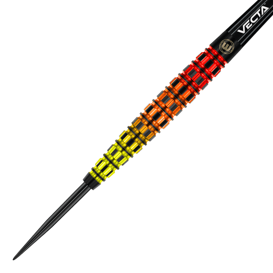 Dardi in acciaio affusolati Winmau Firestorm Flame Das Bild zeigt einen Winmau Firestorm Flame Tapered Steeldart. Der Dart hat ein auffälliges Design mit leuchtenden Farben von Gelb über Orange bis Rot.