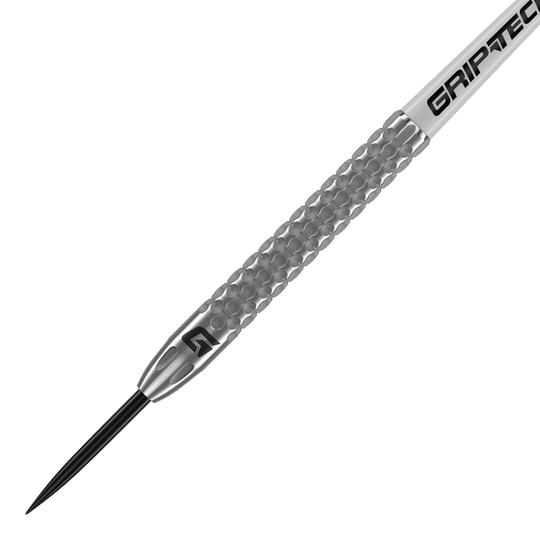 Freccette in acciaio al tungsteno GOAT Fairway V2 Dies ist ein GOAT Fairway V2 Tungsten Steeldart. Er hat eine silberne, strukturierte Oberfläche mit dem Schriftzug "GRIPTEC" auf dem Schaft.