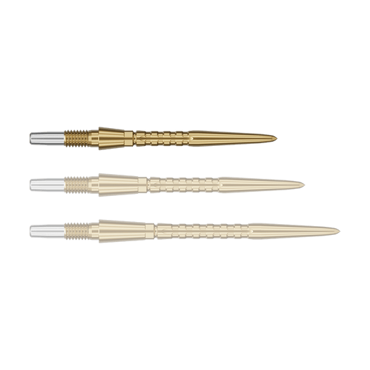 Punte per freccette in acciaio Target Swiss Point Storm Surge - oro Auf dem Bild sind drei goldfarbene Dartspitzen zu sehen. Sie liegen nebeneinander auf grünem Hintergrund.