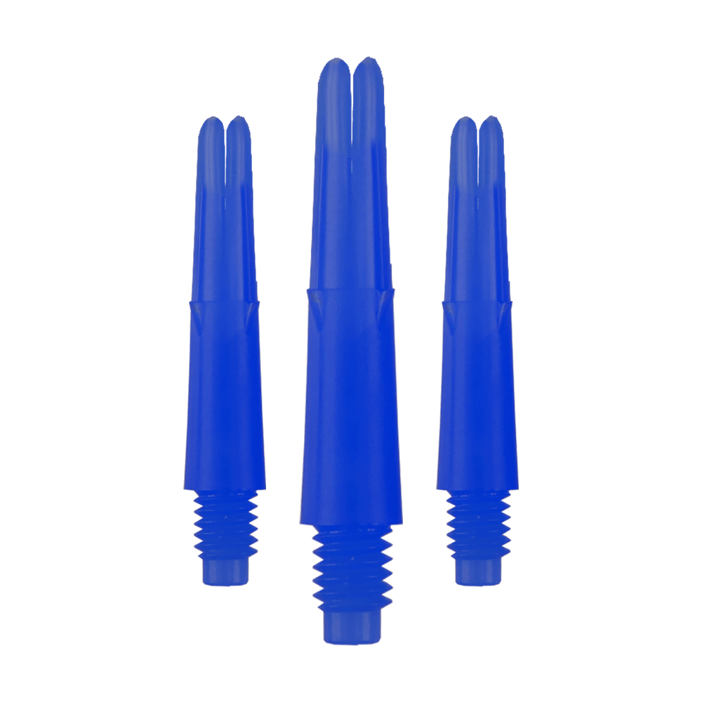 Auf dem Bild sind drei blaue, gerade Dartschäfte zu sehen. Sie haben ein Gewinde am unteren Ende und sind ohne Kappen abgebildet.