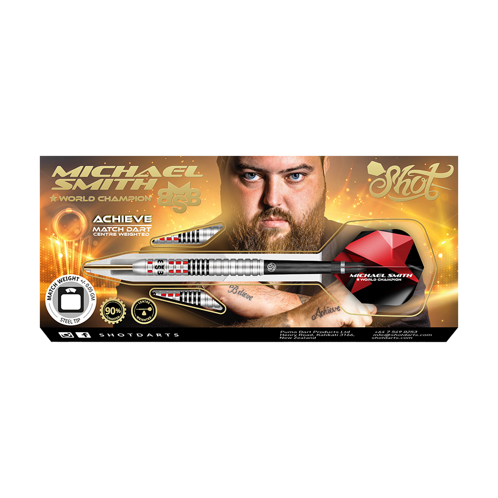 Shot Michael Smith Ottieni freccette d'acciaio Auf dem Bild ist eine Verpackung für Steeldarts mit dem Namen „Michael Smith - World Champion“ zu sehen. In der Mitte ist ein Mann mit Bart abgebildet, und ein großer silberner Dartpfeil ist prominent dargestellt.