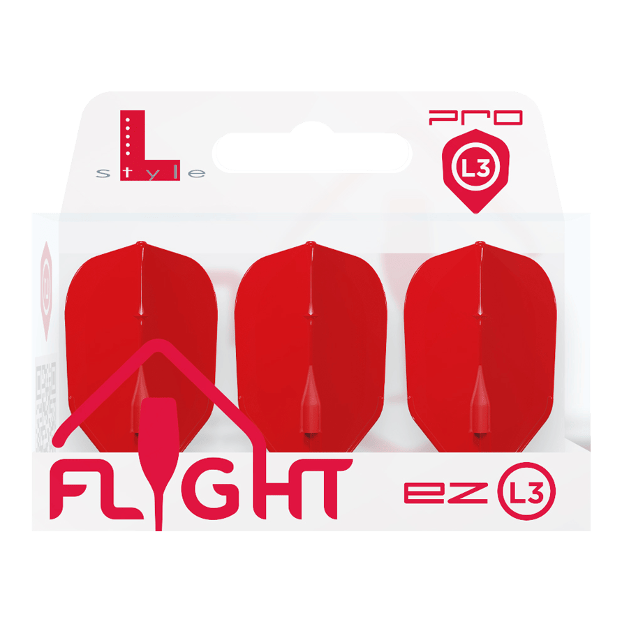 Voli L-L-Style3EZ Die Abbildung zeigt eine Packung mit drei roten Dart-Flights der Marke L-Style. Auf der Verpackung steht „FLIGHT ez L3“ und das Produkt ist für den Profibereich gekennzeichnet.
