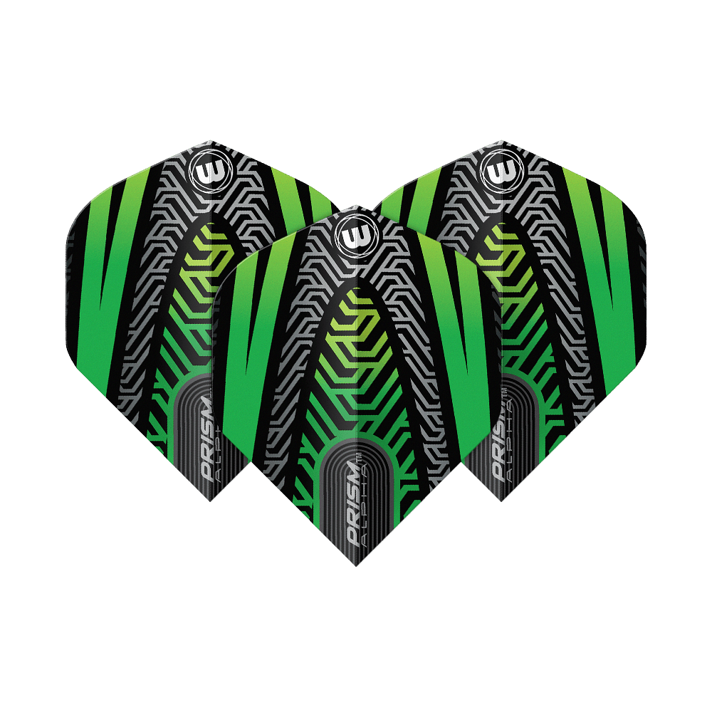 Das Bild zeigt drei Dartflights des Modells "Winmau Prism Alpha Schwarz Grün No2 Standard". Die Flights haben ein auffälliges, modernes Design in Schwarz, Grün und silbernen Linienmustern.