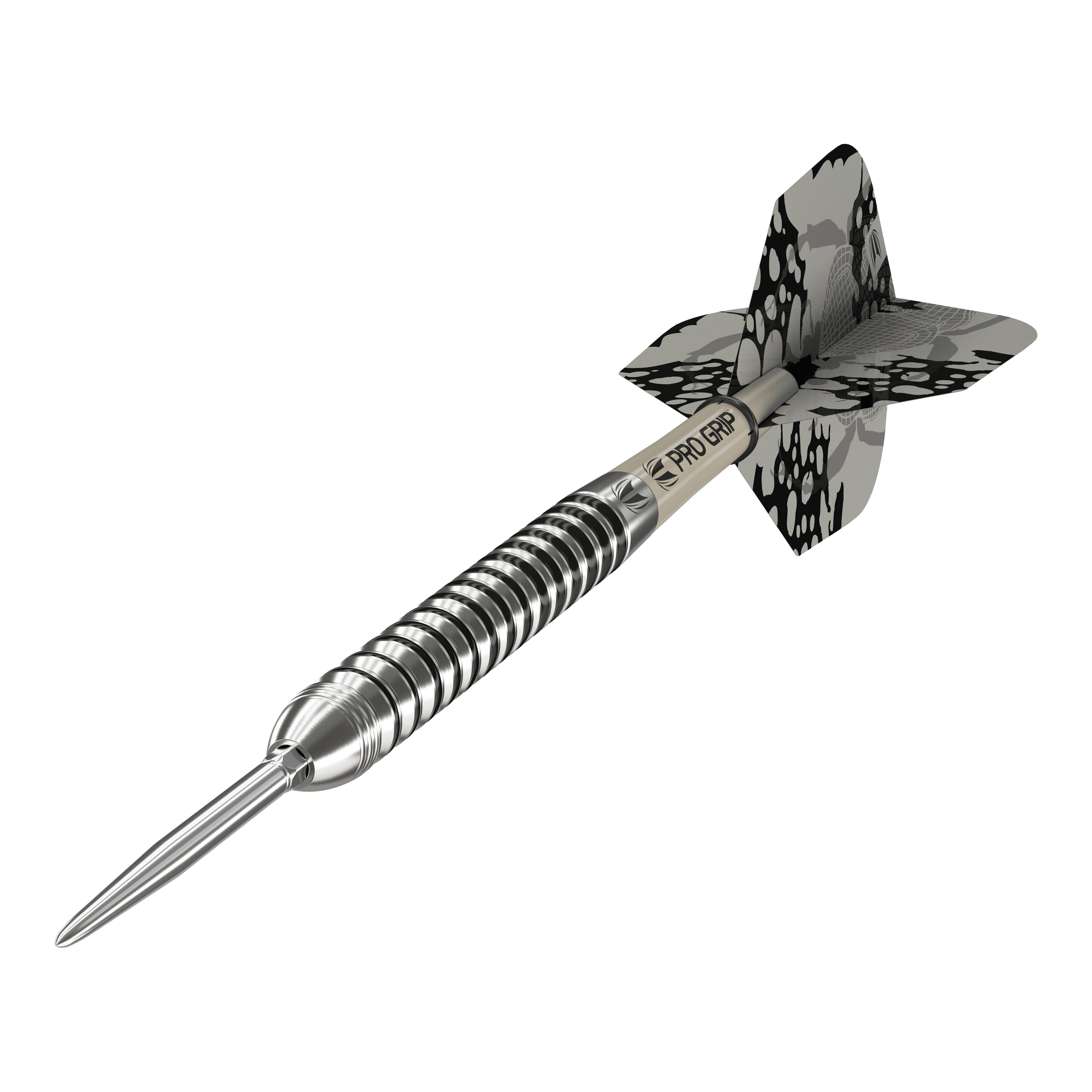 Freccette in acciaio Target EXO SP01 Swiss Point Dies ist ein Target EXO SP01 Swiss Point Steeldart. Der Dartpfeil hat ein silbernes, gerilltes Barrel und schwarze Flights mit Muster.