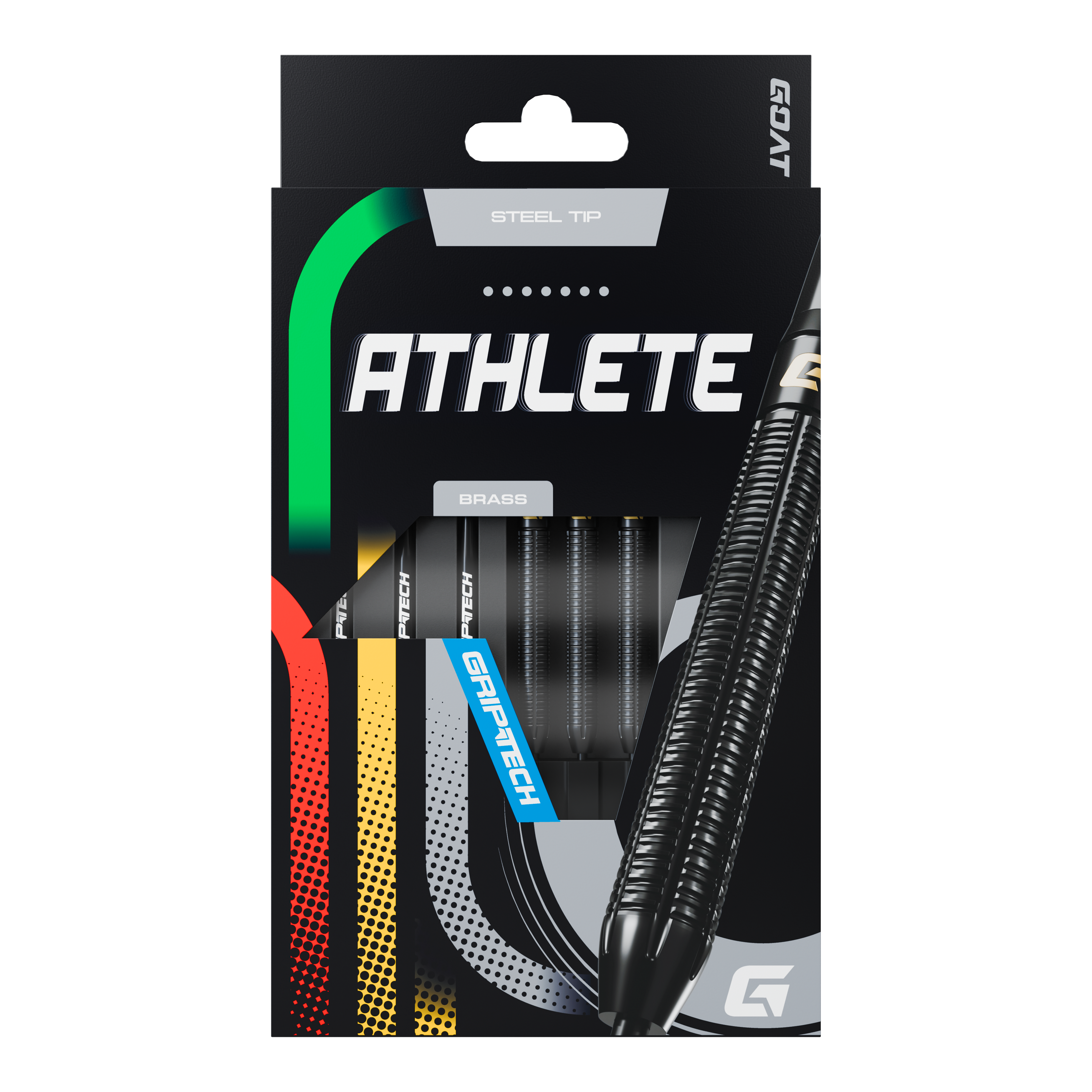 Freccette in acciaio GOAT Athlete in ottone nero - 13 g Die Abbildung zeigt die Verpackung der GOAT Athlete Black Brass Steeldarts mit einem Gewicht von 13g. Die Darts haben eine schwarze, geriffelte Oberfläche und sind für Präzision und Haltbarkeit ausgelegt.