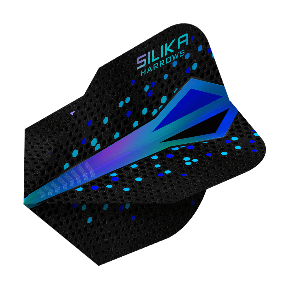 Rivestimento cristallino resistente Harrows Silika Colourshift Blue No6 Flights Das Bild zeigt ein Dartflight mit dem Namen "Harrows Silika Colourshift Tough Crystalline Coating Blue No6". Das Flight ist überwiegend schwarz mit einem blauen, schimmernden Muster und sechseckigen Akzenten.