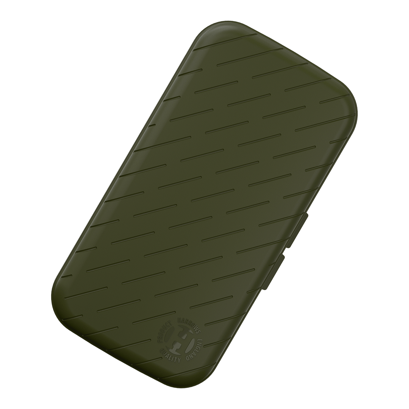 Custodia per freccette Harrows Slimcase Das Bild zeigt ein schlankes, grünes Etui mit leicht abgeschrägten Kanten und schrägen Linien als Muster. In der unteren Ecke befindet sich ein rundes Logo mit der Aufschrift "HARROWS ORIGINAL QUALITY PRODUCT".