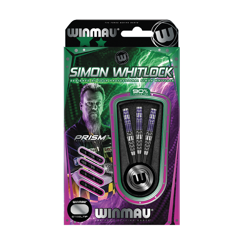 Freccette in acciaio Winmau Simon Whitlock Special Edition 2020 Die Abbildung zeigt das Produkt „Winmau Simon Whitlock Special Edition 2020 Steeldarts“ in der Originalverpackung. Auf der Verpackung sind drei Steeldarts und ein Bild von Simon Whitlock zu sehen.