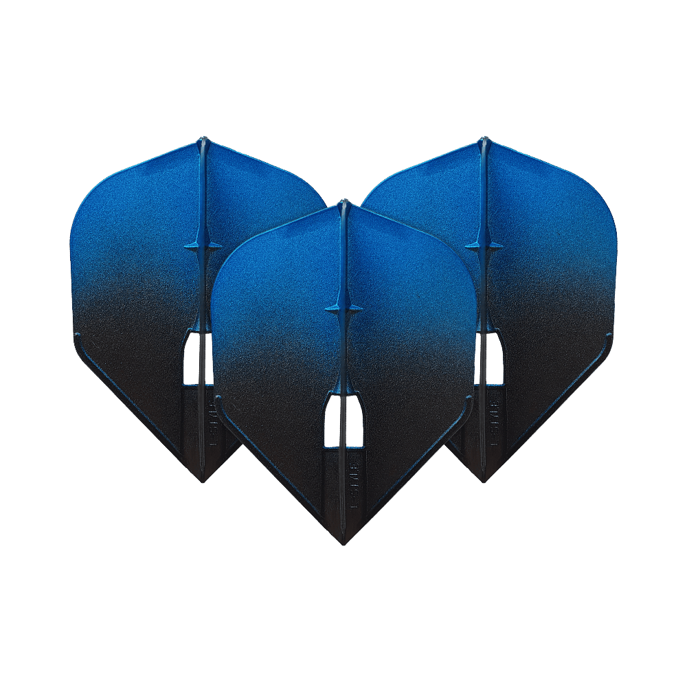 Alette L-Style Two Tone L3PRO Auf dem Bild sind drei blaue Dartflights zu sehen. Sie haben ein zweifarbiges Design mit einem Verlauf von Blau zu Schwarz.