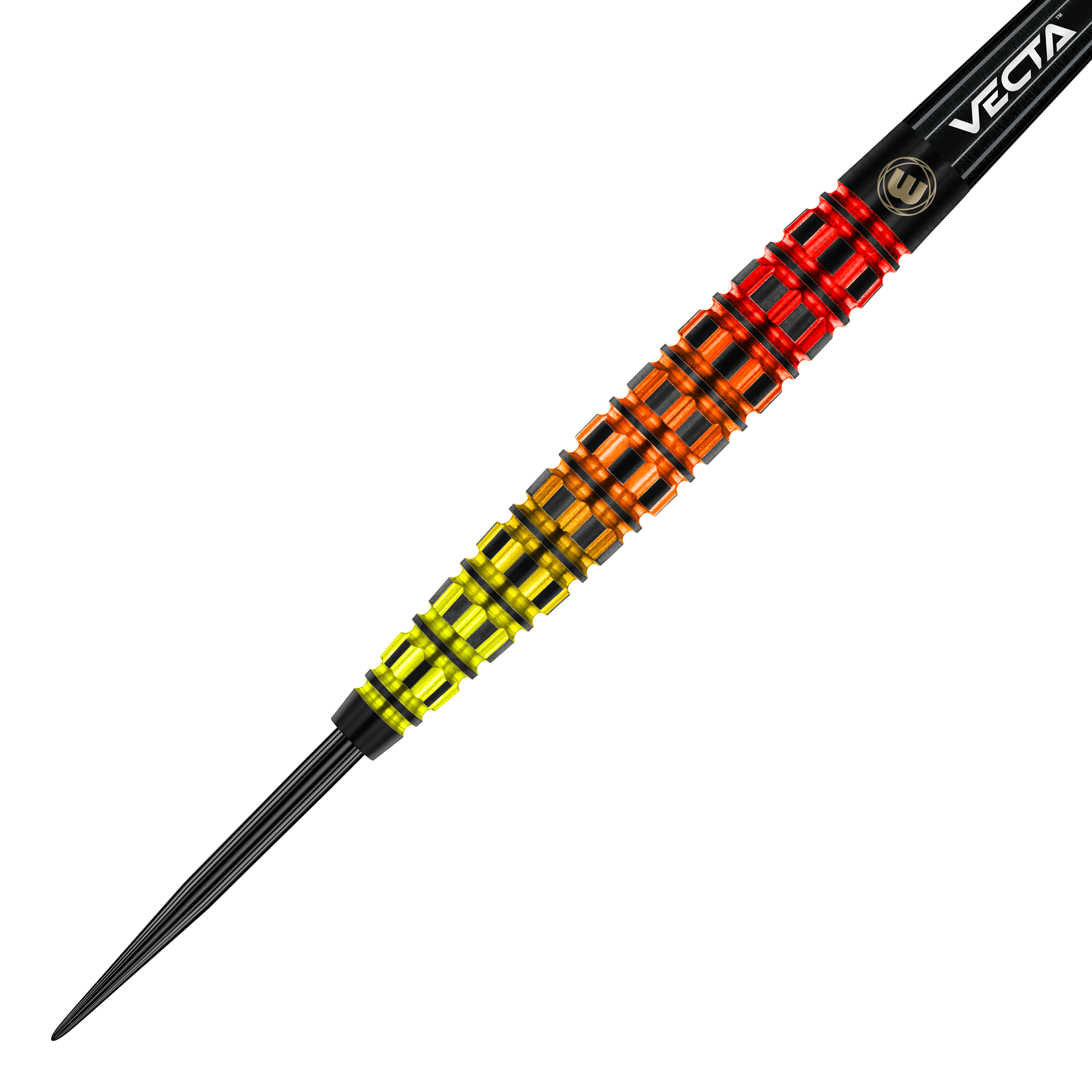 Dardi in acciaio affusolati Winmau Firestorm Flame Das Bild zeigt einen Winmau Firestorm Flame Tapered Steeldart. Der Dart hat ein auffälliges Design mit leuchtenden Farben von Gelb über Orange bis Rot.